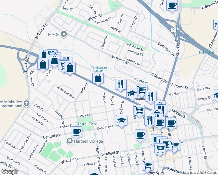 map of restaurants, bars, coffee shops, grocery stores, and more near 240 West Market Street in Salinas