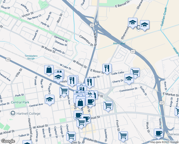 map of restaurants, bars, coffee shops, grocery stores, and more near 128 North Main Street in Salinas