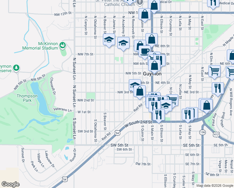 map of restaurants, bars, coffee shops, grocery stores, and more near 302 North James Street in Guymon