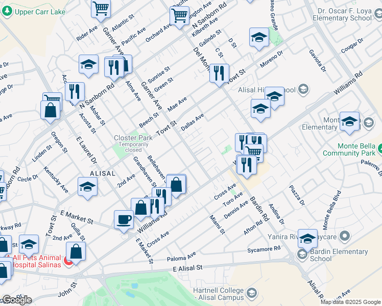 map of restaurants, bars, coffee shops, grocery stores, and more near 1304 Garner Avenue in Salinas
