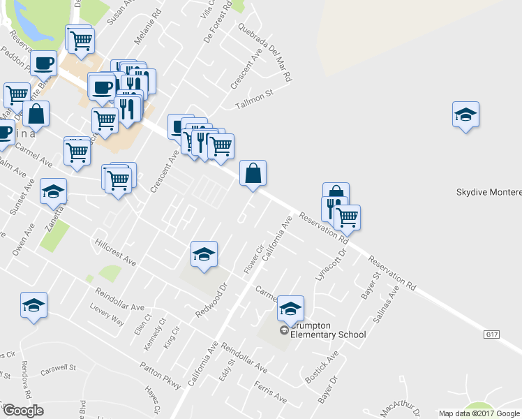 map of restaurants, bars, coffee shops, grocery stores, and more near 3139 Crestview Court in Marina