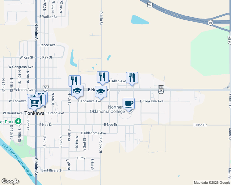 map of restaurants, bars, coffee shops, grocery stores, and more near 1004 East North Avenue in Tonkawa