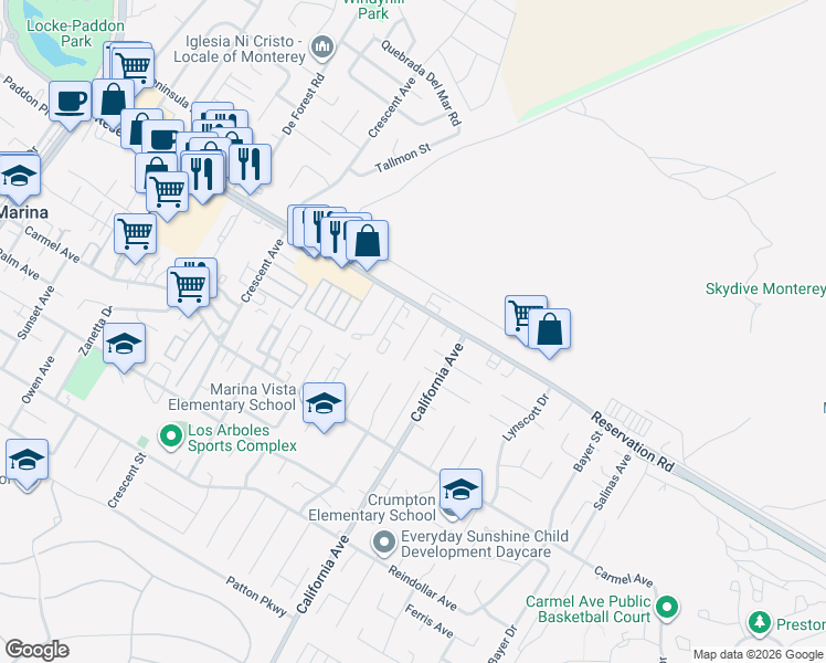 map of restaurants, bars, coffee shops, grocery stores, and more near 3139 Crestview Court in Marina