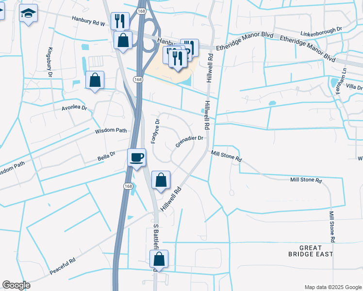 map of restaurants, bars, coffee shops, grocery stores, and more near 1217 Grenadier Drive in Chesapeake