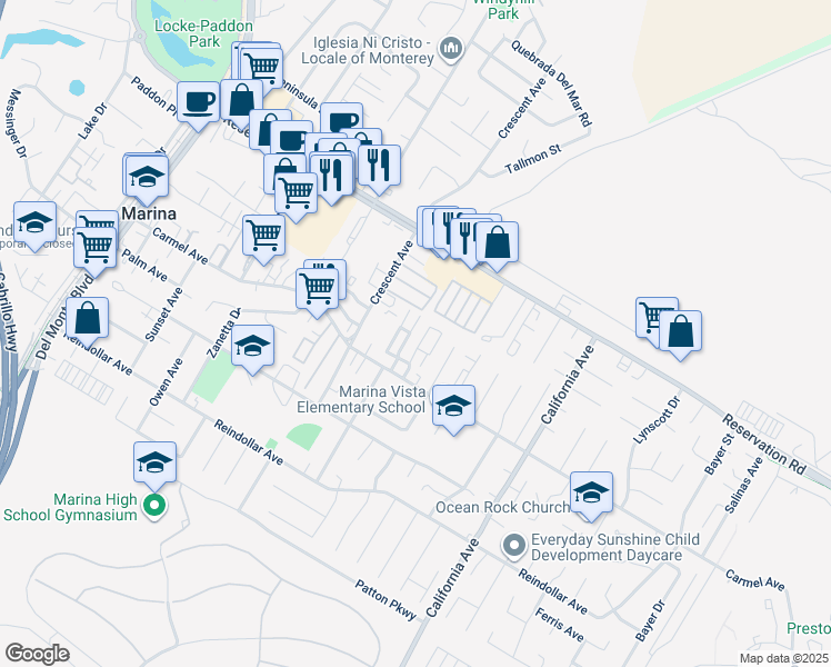 map of restaurants, bars, coffee shops, grocery stores, and more near 347 Carmel Avenue in Marina