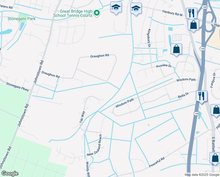 map of restaurants, bars, coffee shops, grocery stores, and more near 616 Draughon Road in Chesapeake
