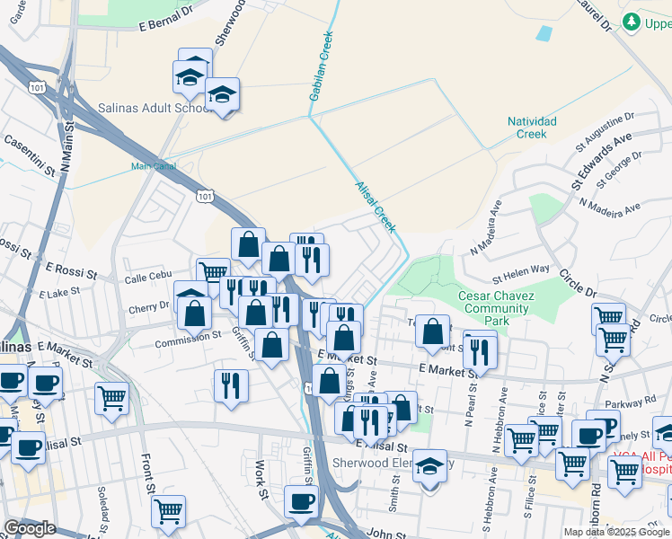 map of restaurants, bars, coffee shops, grocery stores, and more near 166 Kern Street in Salinas