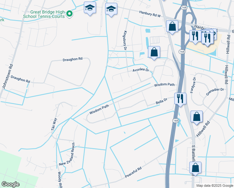 map of restaurants, bars, coffee shops, grocery stores, and more near 173 Greengable Way in Chesapeake