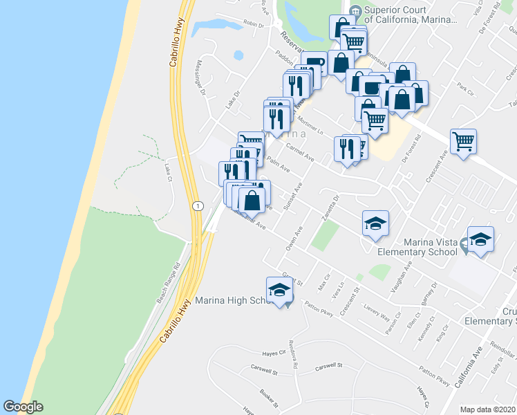 map of restaurants, bars, coffee shops, grocery stores, and more near 227 Cypress Avenue in Marina