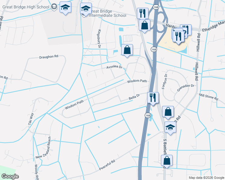 map of restaurants, bars, coffee shops, grocery stores, and more near 204 Wisdom Path in Chesapeake