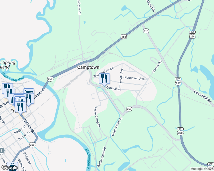 map of restaurants, bars, coffee shops, grocery stores, and more near 216 State Route 1604 in Franklin