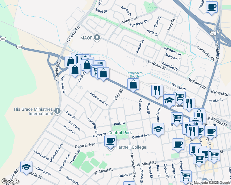 map of restaurants, bars, coffee shops, grocery stores, and more near 8 Villa Street in Salinas