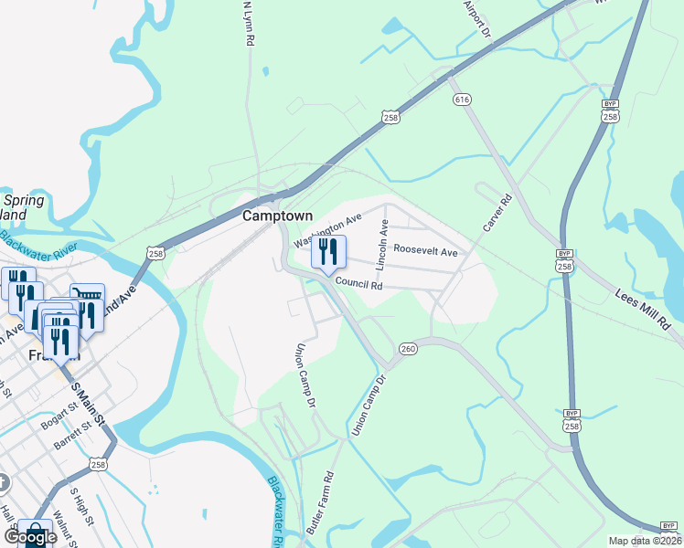 map of restaurants, bars, coffee shops, grocery stores, and more near 216 State Route 1604 in Franklin
