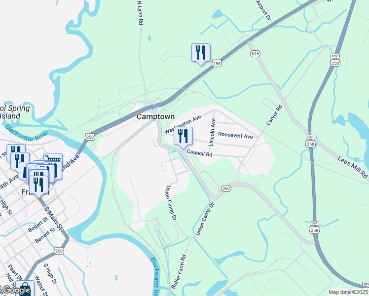 map of restaurants, bars, coffee shops, grocery stores, and more near 201 Council Road in Franklin