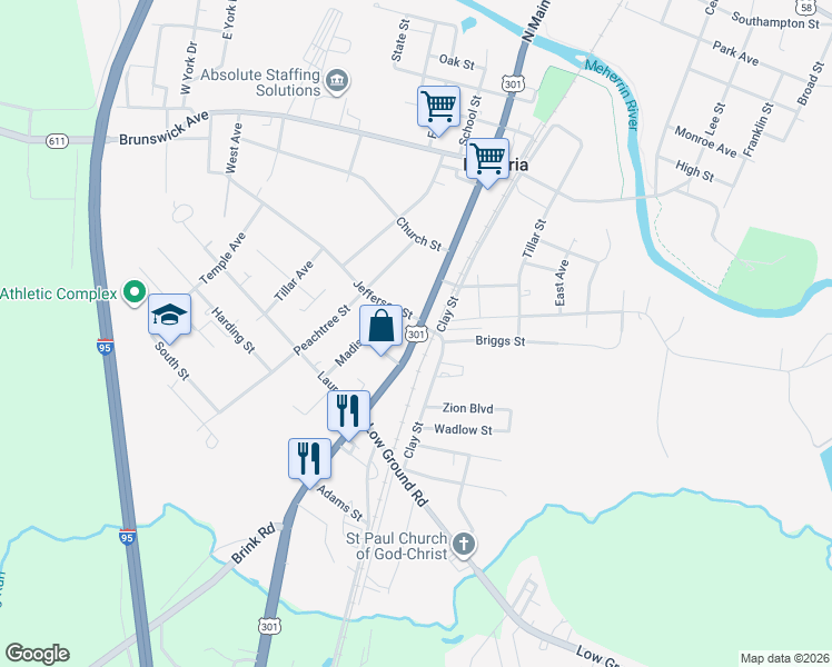 map of restaurants, bars, coffee shops, grocery stores, and more near South Main Street in Emporia