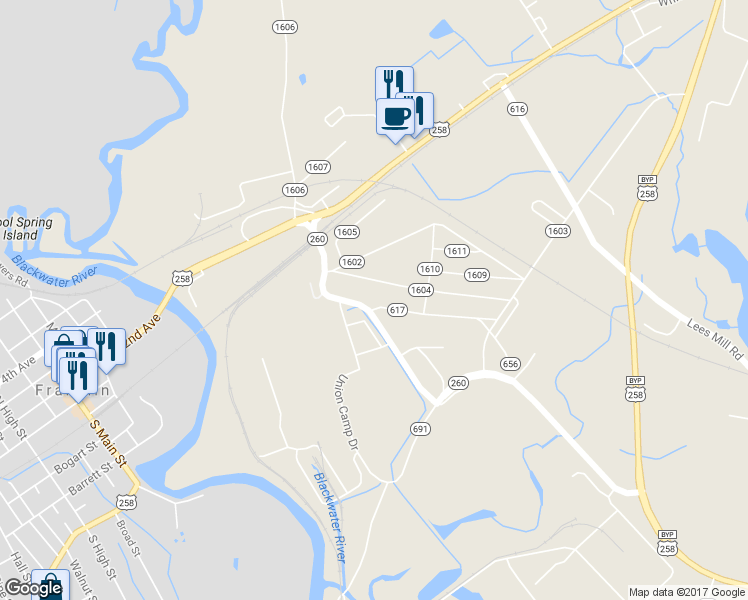 map of restaurants, bars, coffee shops, grocery stores, and more near 201 Council Road in Franklin