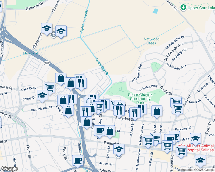 map of restaurants, bars, coffee shops, grocery stores, and more near 150 Kern Street in Salinas