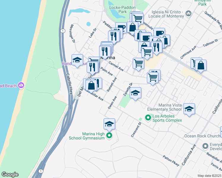 map of restaurants, bars, coffee shops, grocery stores, and more near 3050 Sunset Avenue in Marina