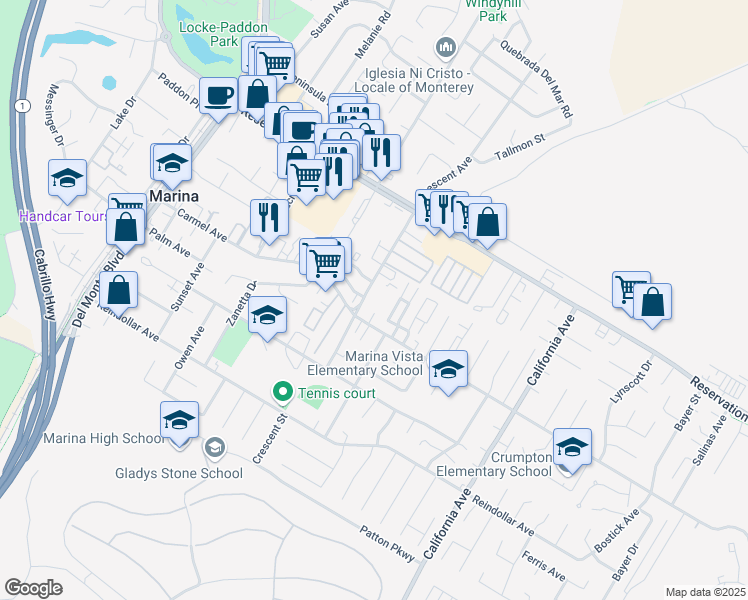 map of restaurants, bars, coffee shops, grocery stores, and more near 3106 Crescent Avenue in Marina