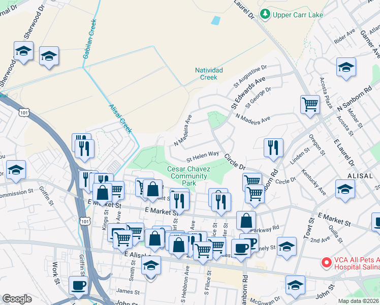 map of restaurants, bars, coffee shops, grocery stores, and more near 738 Saint Michael Way in Salinas