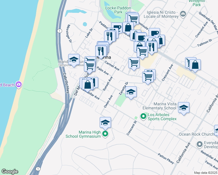 map of restaurants, bars, coffee shops, grocery stores, and more near 3060 Sunset Avenue in Marina