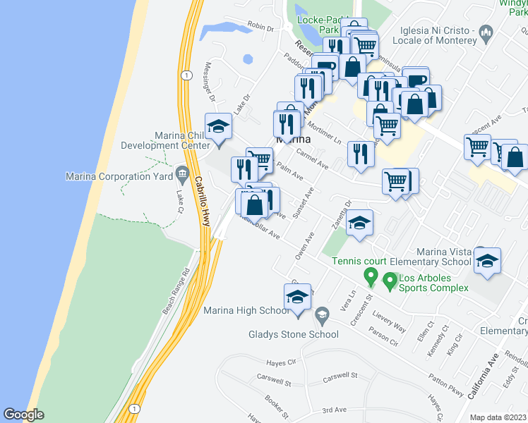 map of restaurants, bars, coffee shops, grocery stores, and more near 214 Cypress Avenue in Marina
