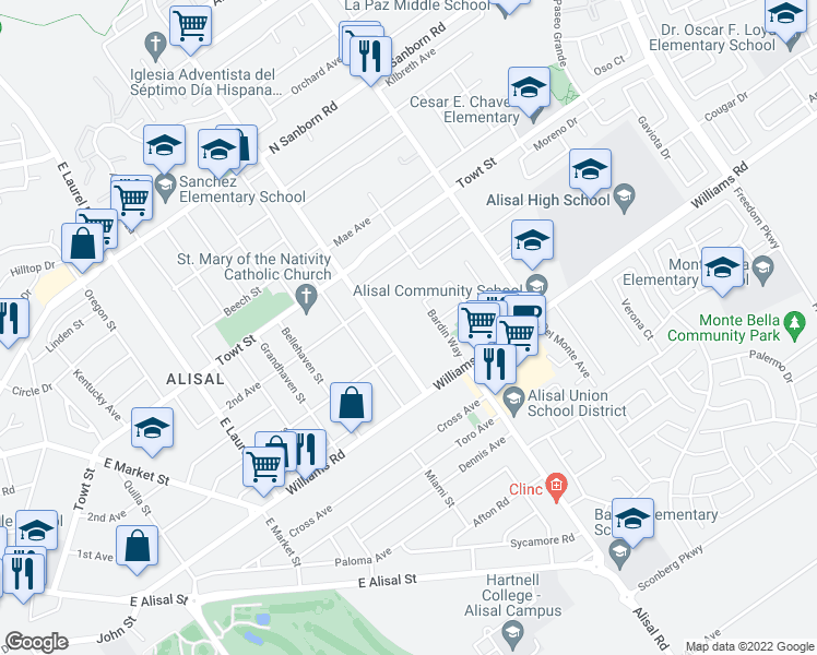map of restaurants, bars, coffee shops, grocery stores, and more near 1337 Garner Avenue in Salinas