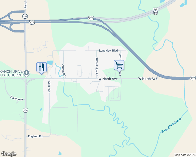 map of restaurants, bars, coffee shops, grocery stores, and more near 3341 Southwest Hillside Road in Ponca City