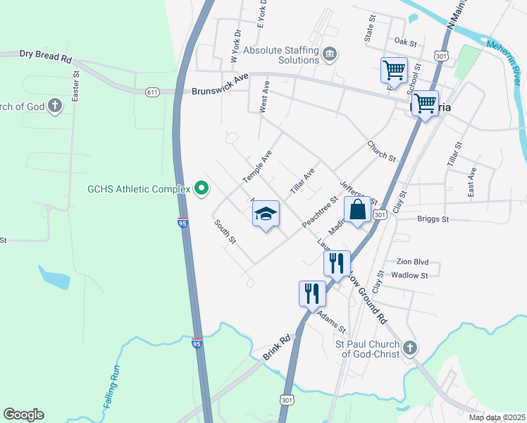 map of restaurants, bars, coffee shops, grocery stores, and more near 403 Harding St in Emporia