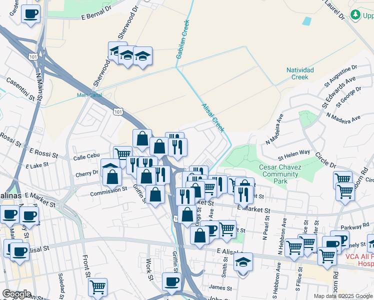 map of restaurants, bars, coffee shops, grocery stores, and more near 166 Kern Street in Salinas