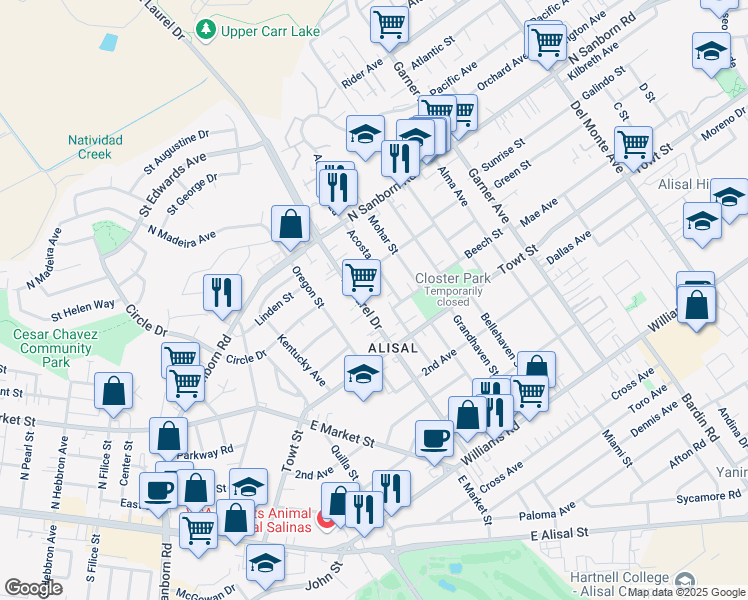 map of restaurants, bars, coffee shops, grocery stores, and more near 1115 East Laurel Drive in Salinas