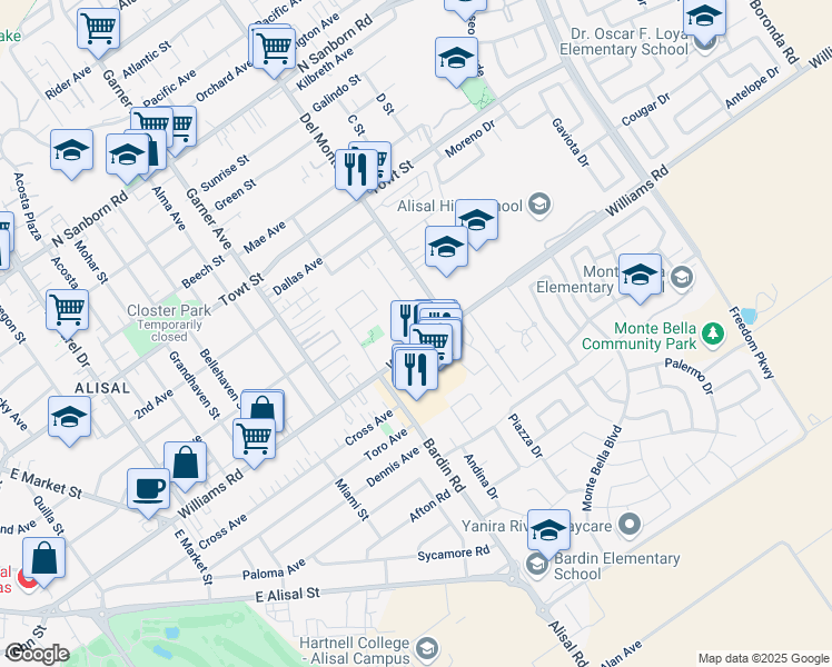 map of restaurants, bars, coffee shops, grocery stores, and more near in Salinas