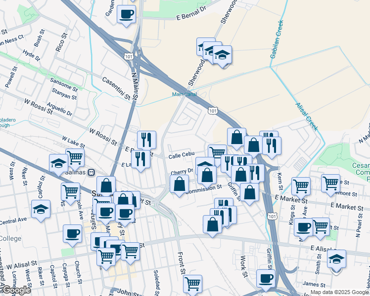 map of restaurants, bars, coffee shops, grocery stores, and more near 75 Haciendas Place in Salinas