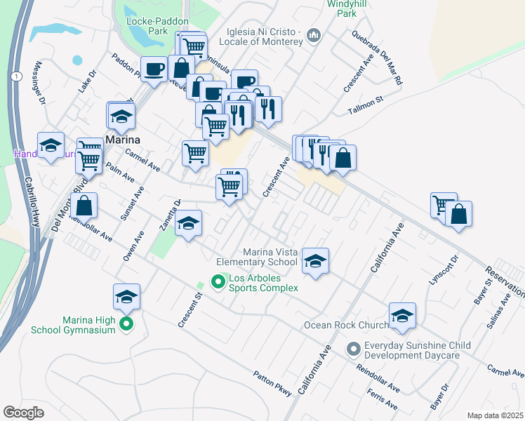 map of restaurants, bars, coffee shops, grocery stores, and more near 3106 Crescent Avenue in Marina
