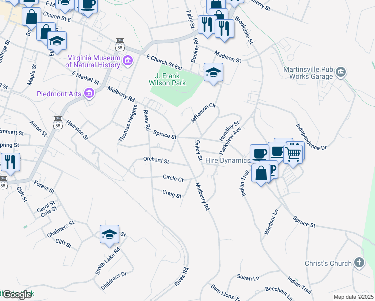 map of restaurants, bars, coffee shops, grocery stores, and more near 701-717 Mulberry Rd in Martinsville