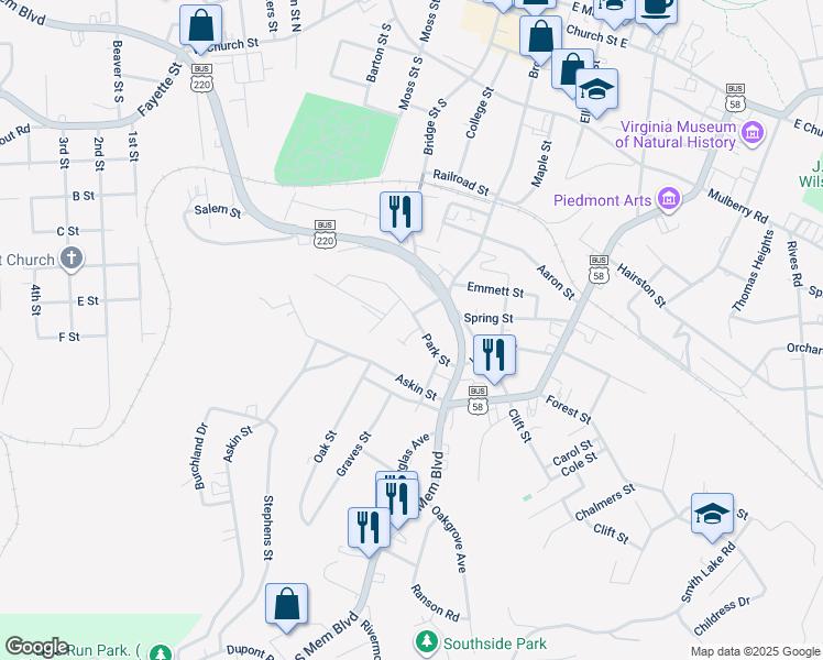 map of restaurants, bars, coffee shops, grocery stores, and more near 117 Park Street in Martinsville