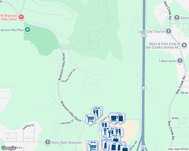 map of restaurants, bars, coffee shops, grocery stores, and more near 138 Siena Boulevard in Branson