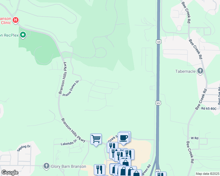 map of restaurants, bars, coffee shops, grocery stores, and more near 194 Siena Boulevard in Branson