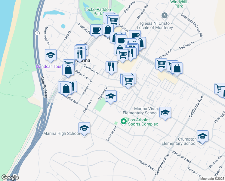 map of restaurants, bars, coffee shops, grocery stores, and more near 274 Weber Circle in Marina