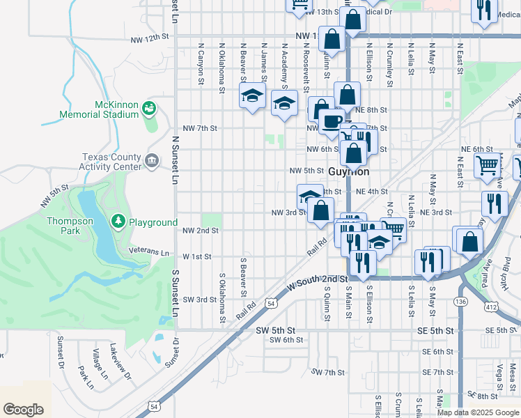 map of restaurants, bars, coffee shops, grocery stores, and more near 302 North James Street in Guymon