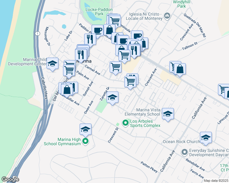 map of restaurants, bars, coffee shops, grocery stores, and more near 274 Weber Circle in Marina