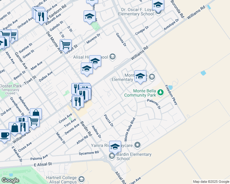 map of restaurants, bars, coffee shops, grocery stores, and more near 1562 Verona Court in Salinas