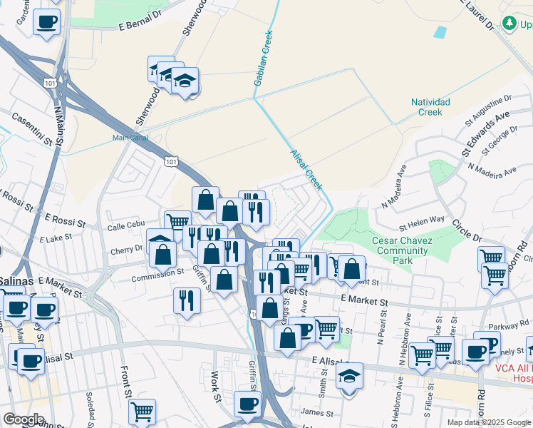 map of restaurants, bars, coffee shops, grocery stores, and more near 166 Kern Street in Salinas