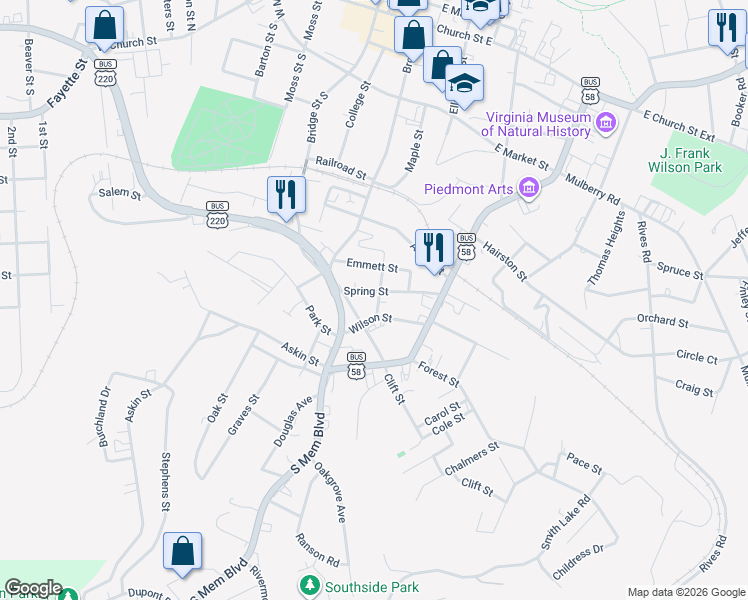 map of restaurants, bars, coffee shops, grocery stores, and more near 704 Woodrow Street in Martinsville