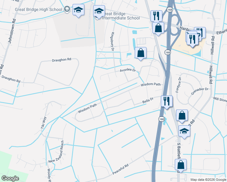 map of restaurants, bars, coffee shops, grocery stores, and more near 157 Greengable Way in Chesapeake