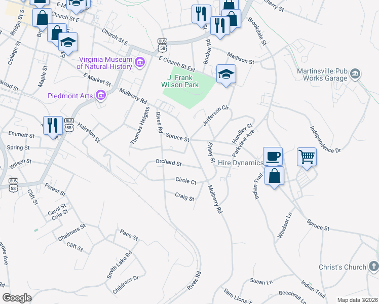 map of restaurants, bars, coffee shops, grocery stores, and more near 701-717 Mulberry Rd in Martinsville