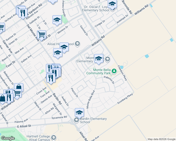 map of restaurants, bars, coffee shops, grocery stores, and more near 1136 Verona Way in Salinas