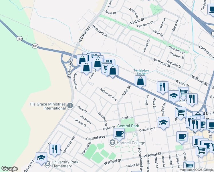 map of restaurants, bars, coffee shops, grocery stores, and more near 62 Young Drive in Salinas