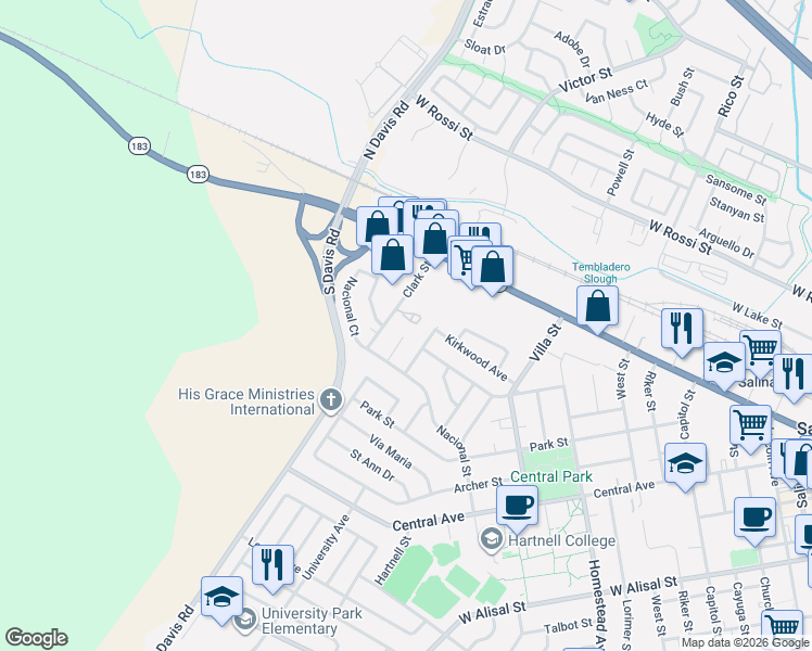 map of restaurants, bars, coffee shops, grocery stores, and more near 69 Clark Street in Salinas