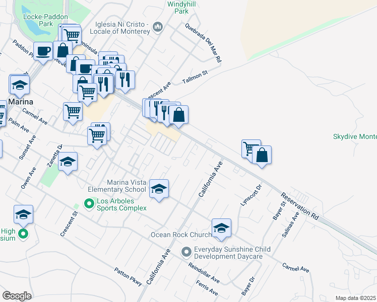 map of restaurants, bars, coffee shops, grocery stores, and more near 3143 Ocean Terrace in Marina